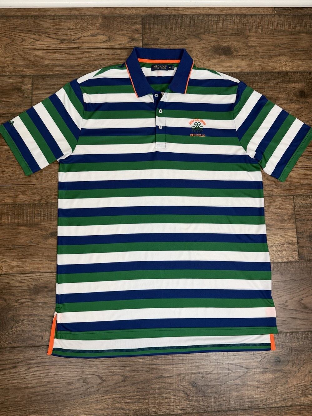 Polo Golf Ralph Lauren Polo Shirt Mens XL Green Blue Stripe 2017 US Open Golf
